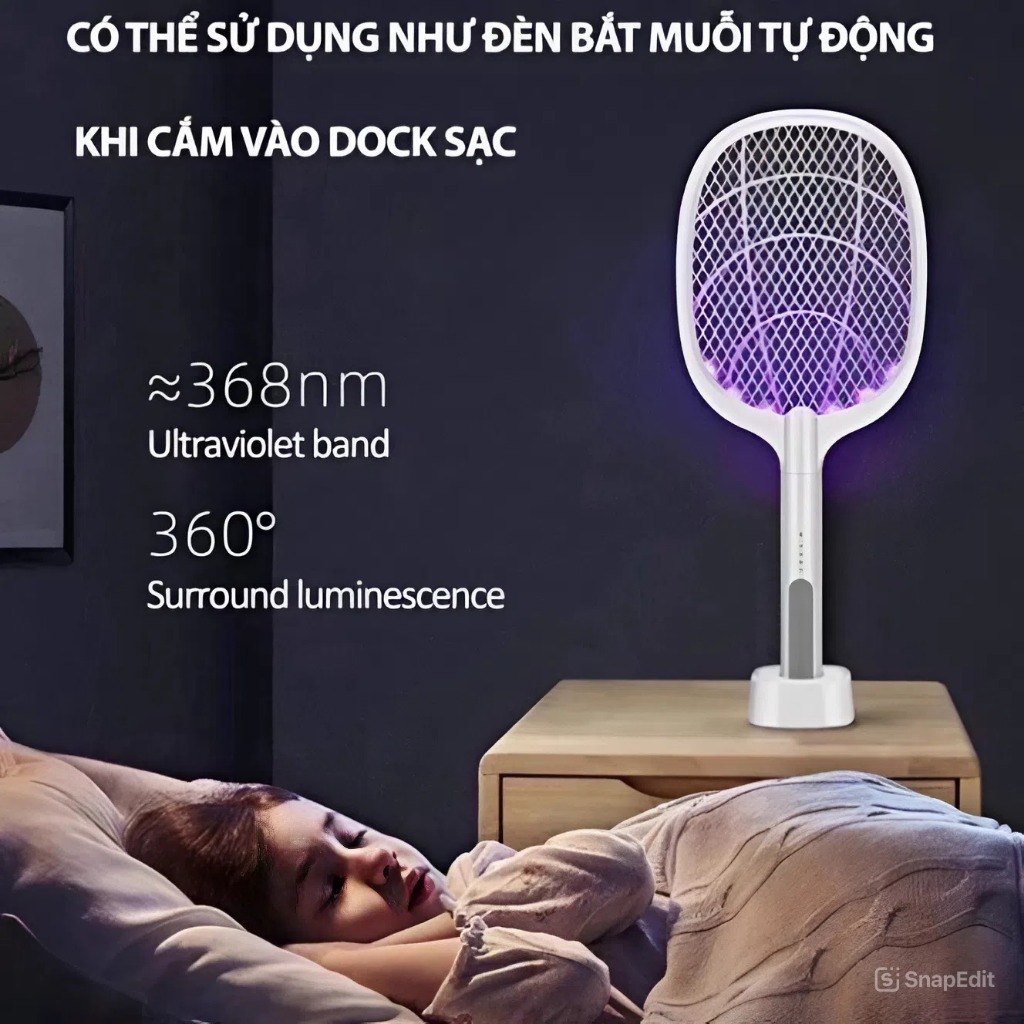 Vợt Muỗi Tích Điện Diệt Côn Trùng Nhanh Có Đèn UV Thu Hút Lưới 3 Lớp An Toàn Sạc Tiện Lợi