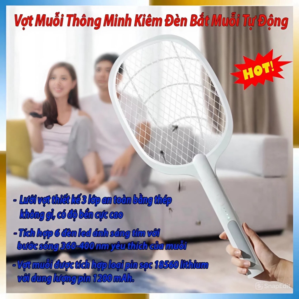 Vợt Muỗi Tích Điện Diệt Côn Trùng Nhanh Có Đèn UV Thu Hút Lưới 3 Lớp An Toàn Sạc Tiện Lợi