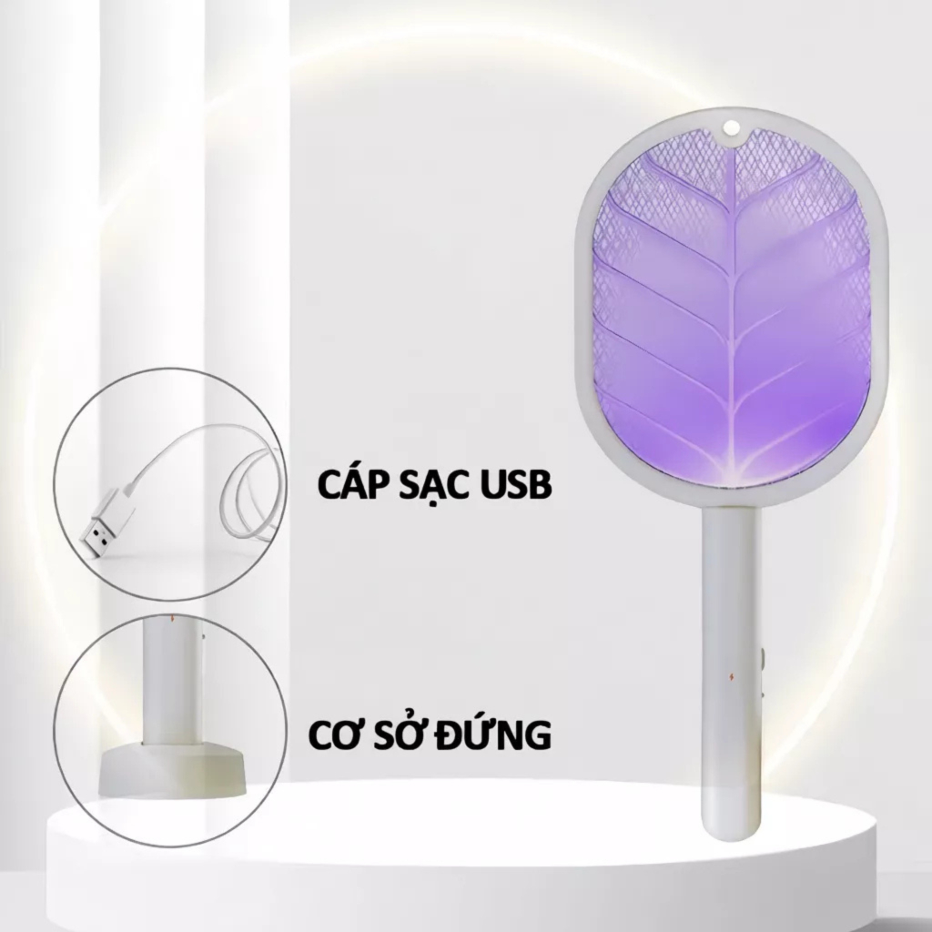 Vợt Muỗi Tích Điện Diệt Côn Trùng Nhanh Có Đèn UV Thu Hút Lưới 3 Lớp An Toàn Sạc Tiện Lợi