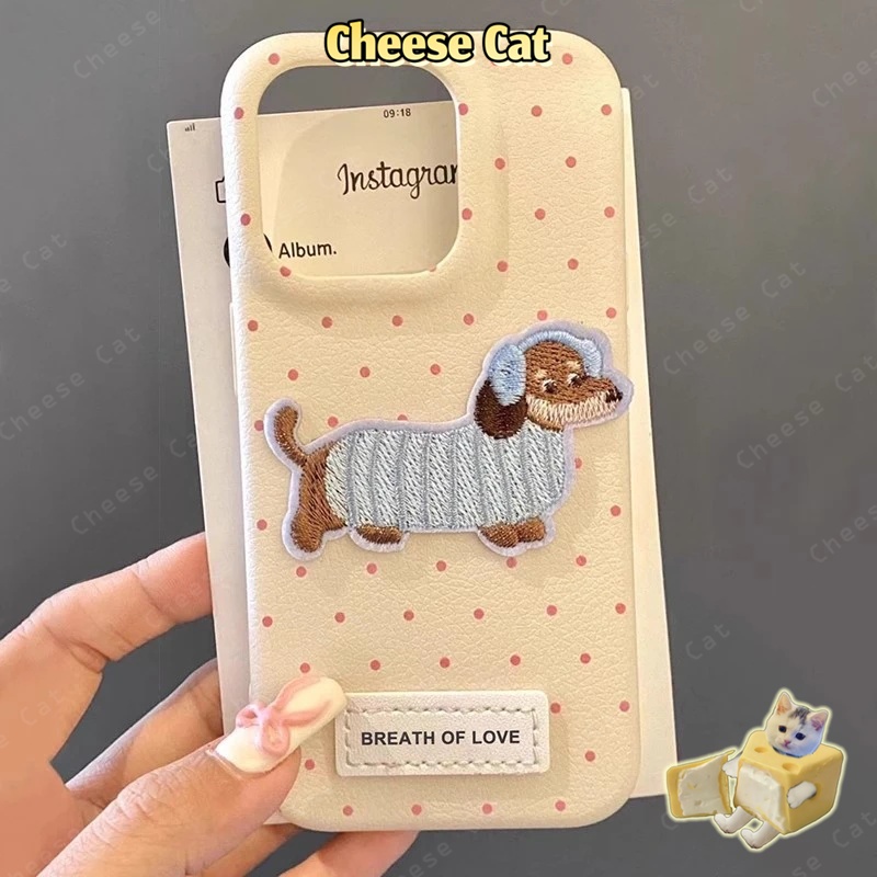 ins chấm bi Ốp lưng dachshund thêu họa tiết iPhone cho iPhone 13 14 15 11 12 16 17 Pro Max Plus 17 Air Xs Max XR
