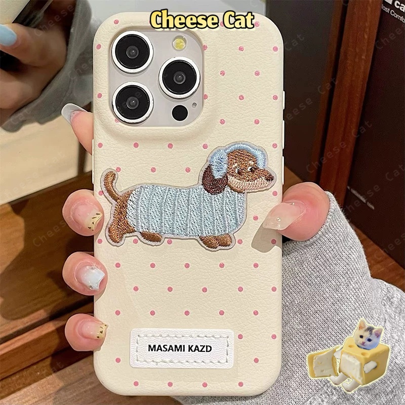 ins chấm bi Ốp lưng dachshund thêu họa tiết iPhone cho iPhone 13 14 15 11 12 16 17 Pro Max Plus 17 Air Xs Max XR