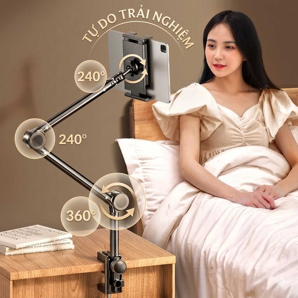 Giá đỡ điện thoại, ipad kẹp đầu giường, cạnh bàn hợp kim nhôm xoay 360 độ di động chịu lực chắc chắc, chống rung