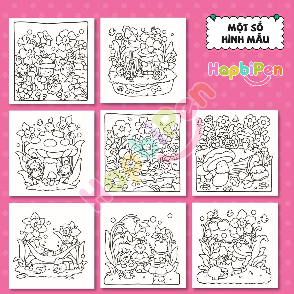 Tranh tô màu thư giãn cho bé gôm 41 trang A4 A5 với chủ đề Cozy Garden phong cách Kawaii chibi Vol 8