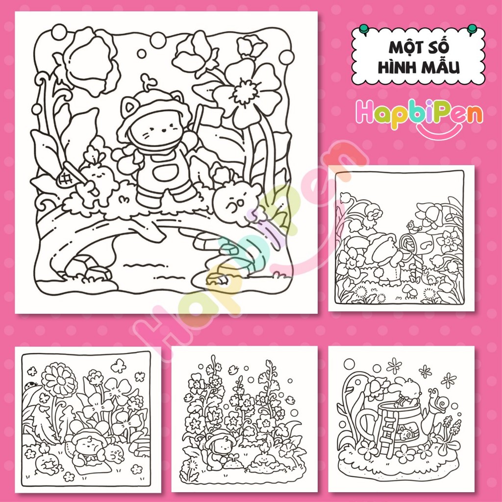 Tranh tô màu thư giãn cho bé gôm 41 trang A4 A5 với chủ đề Cozy Garden phong cách Kawaii chibi Vol 8