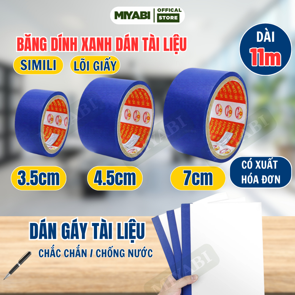 Băng dính simili xanh dán giấy tài liệu 3,5cm/4,5cm/7cm - Băng