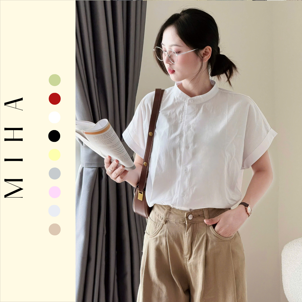 Áo sơ mi cổ tàu ngắn tay dáng rộng chất vải thô Miha Studio
