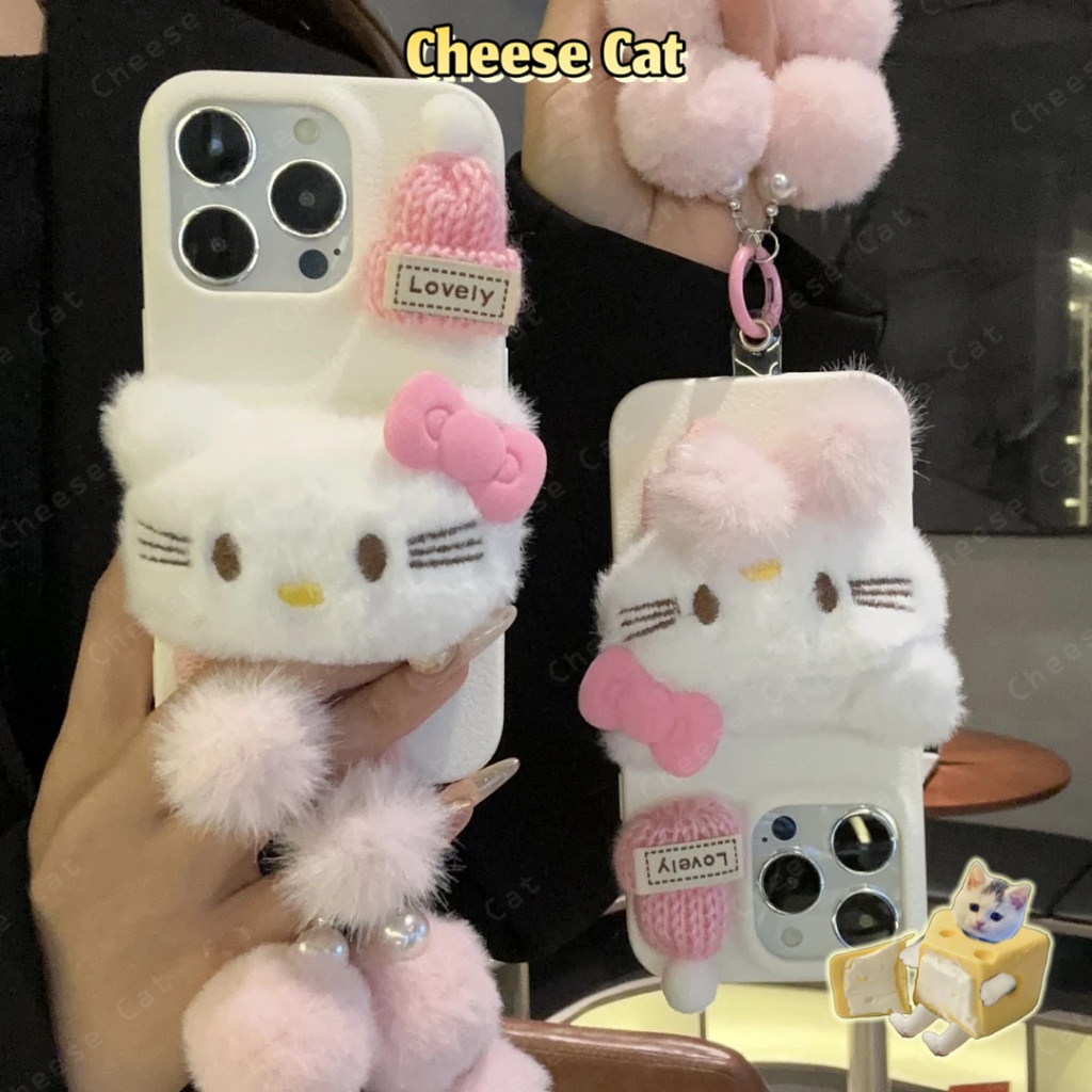 Khăn choàng lông màu hồng Mũ Kitty iPhone cho iPhone 14 13 15 11 12 16 17 Pro Max Plus 17 Air 7 8 Plus Xs Max XR