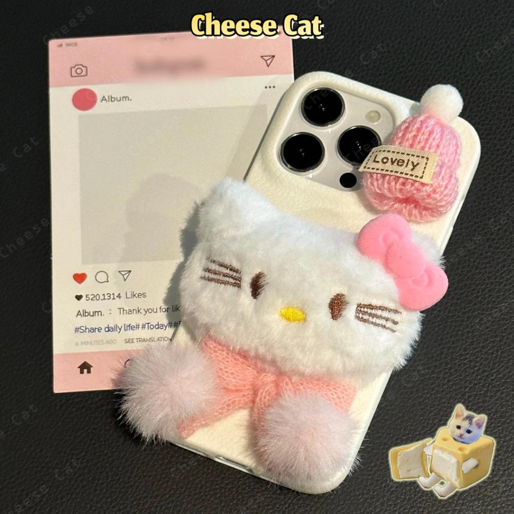 Khăn choàng lông màu hồng Mũ Kitty iPhone cho iPhone 14 13 15 11 12 16 17 Pro Max Plus 17 Air 7 8 Plus Xs Max XR