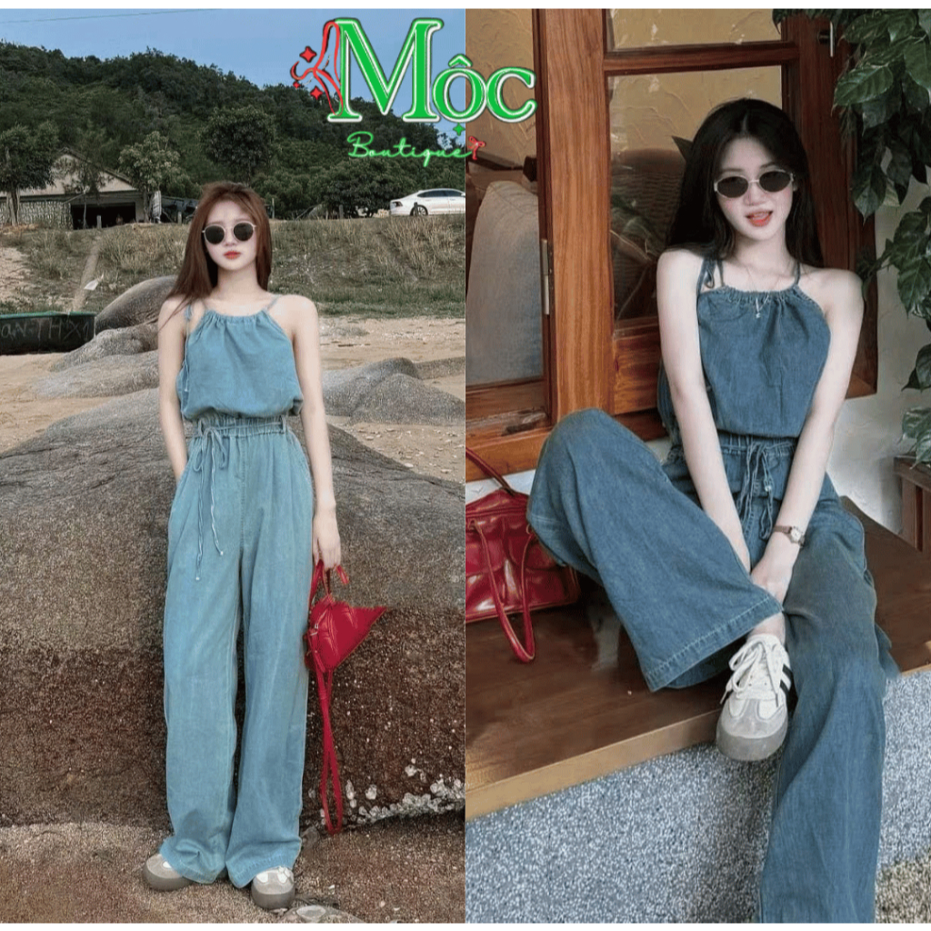 DX_ Set công sở, Jumpsuit jean, jump Quảng Châu cổ yếm quần suông dài thắt dây rút cao cấp