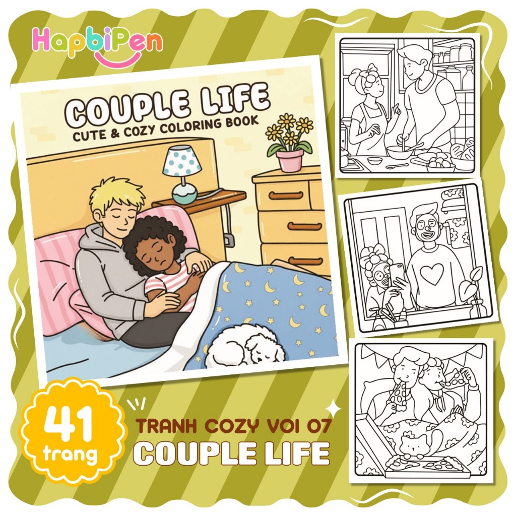 Tranh tô màu Cozy thư giãn với 41 trang nét vẽ bold line cho bé với chủ đề Couple Life Vol 07