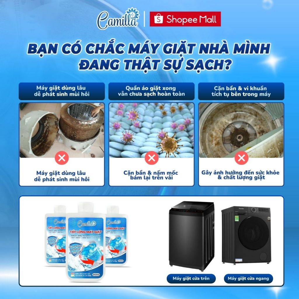 Tẩy Lồng Máy Giặt CAMILLA Cao Cấp, Oxy Hoạt Tính, Tẩy Sạch 99% Và Bảo Vệ Áo Quần | 300Gr