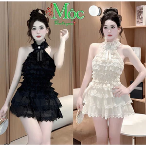 MK_ Set váy ngắn, đồ đi tiệc, set áo cổ yếm Ren đính nơ phối chân váy ngắn Tơ tầng dễ thương