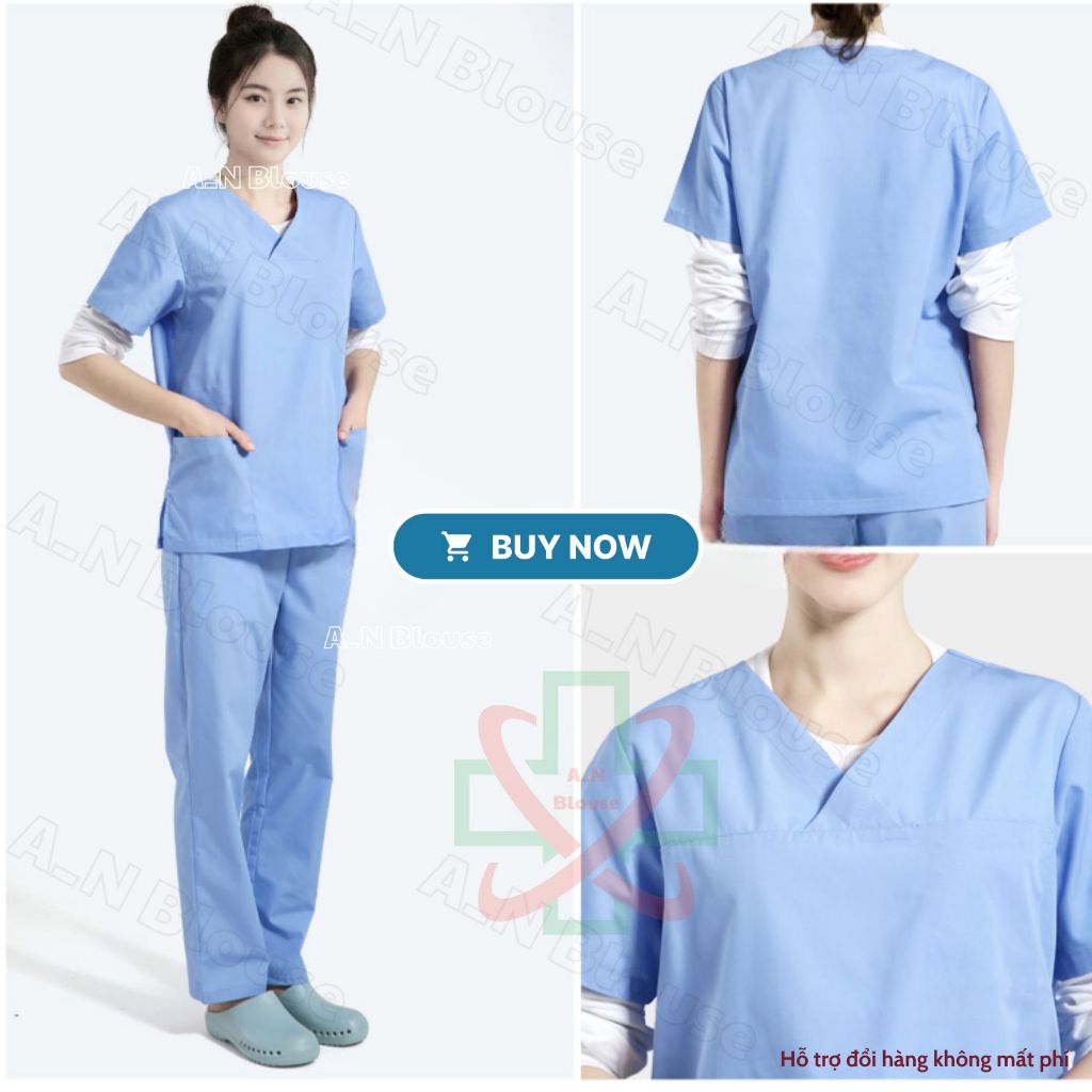 Bộ scrubs xanh dương chất phổ thông dành cho cả nam và nữ trong spa, phòng khám, bệnh viện và các cơ sở y tế