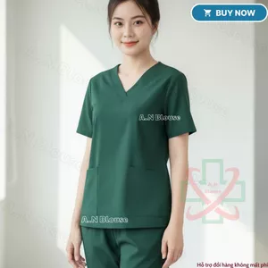 Bộ scrubs vải Lon cổ V XANH LÁ phục vụ cho phòng khám, spa và các cơ sở y tế, bệnh viện
