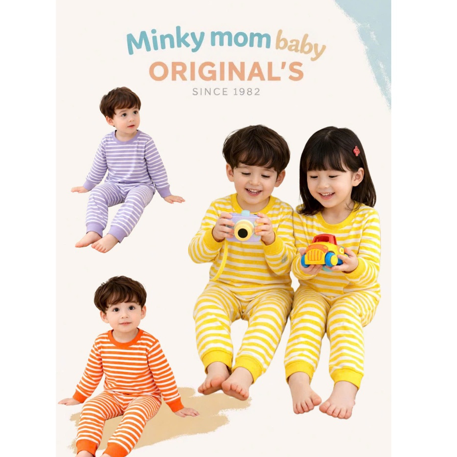 Bộ Dài Tay THUN LẠNH MINKYMOM Sọc Trơn Cạp Thun Bo Gấu Cho Bé TD-S03