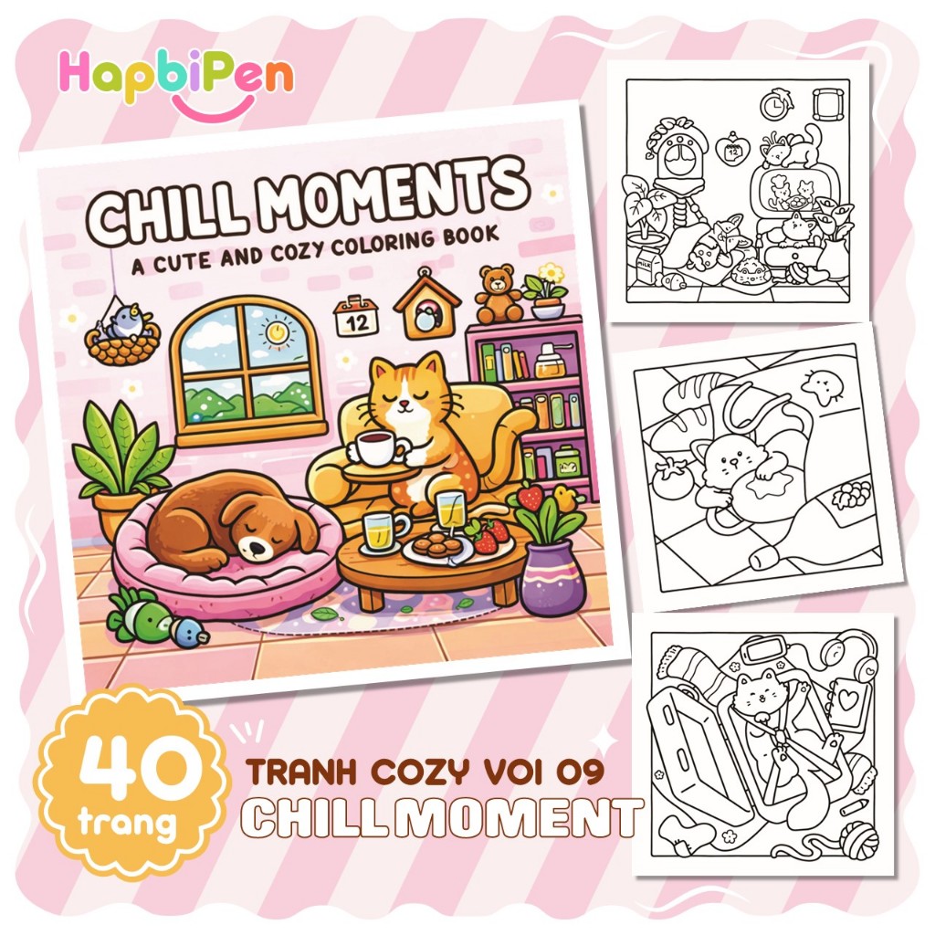 Tranh tô màu cho bé vẽ với 40 trang hình ảnh các con vật thú cưng Chủ đề Chill Moments COZY009