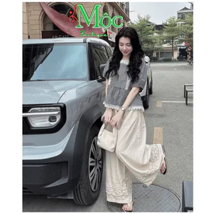 QC_Set công sở, đồ babydoll, set quần dài Mango ống rộng phối áo babydoll caro chạy viền Ren