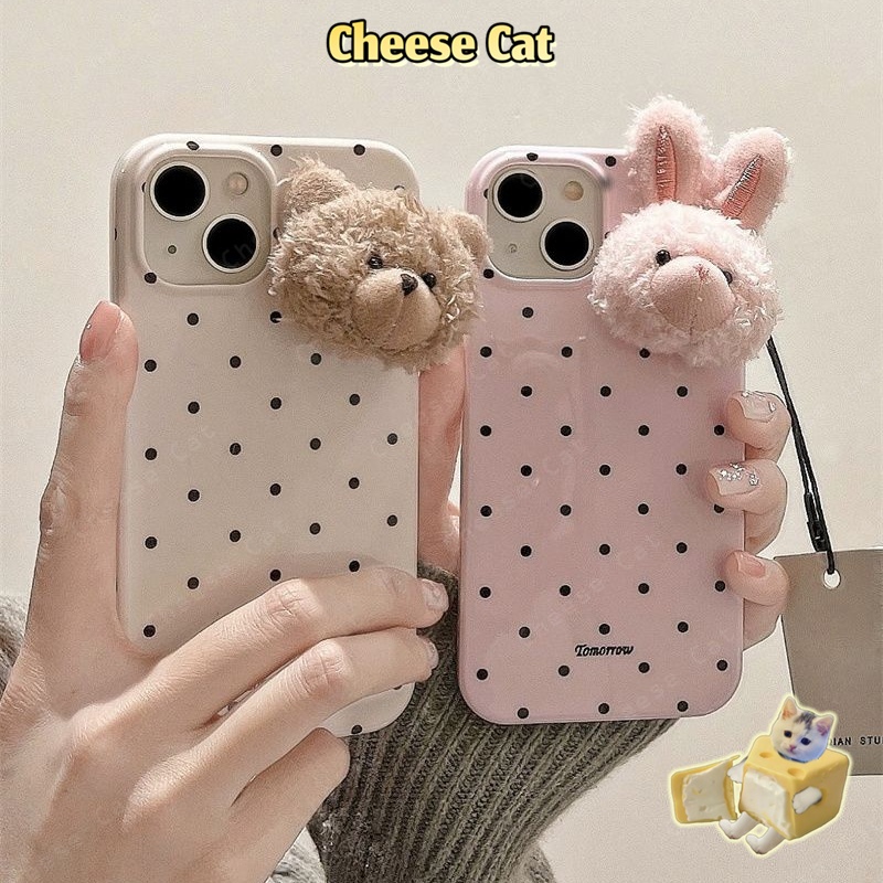 ins Ốp điện thoại da gấu lông thỏ 3D chấm đen cho iPhone 11 12 14 13 15 16 17 Pro Max Plus 17 Air 7 8 Plus Xs Max XR