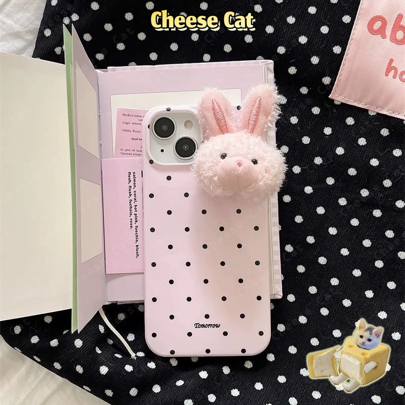 ins Ốp điện thoại da gấu lông thỏ 3D chấm đen cho iPhone 11 12 14 13 15 16 17 Pro Max Plus 17 Air 7 8 Plus Xs Max XR