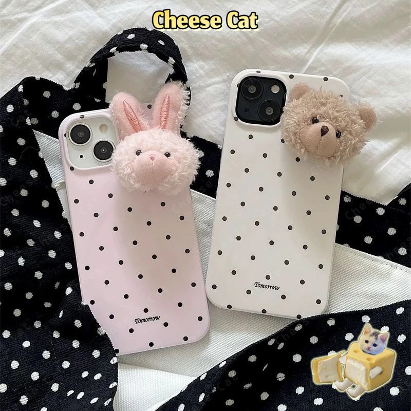 ins Ốp điện thoại da gấu lông thỏ 3D chấm đen cho iPhone 11 12 14 13 15 16 17 Pro Max Plus 17 Air 7 8 Plus Xs Max XR