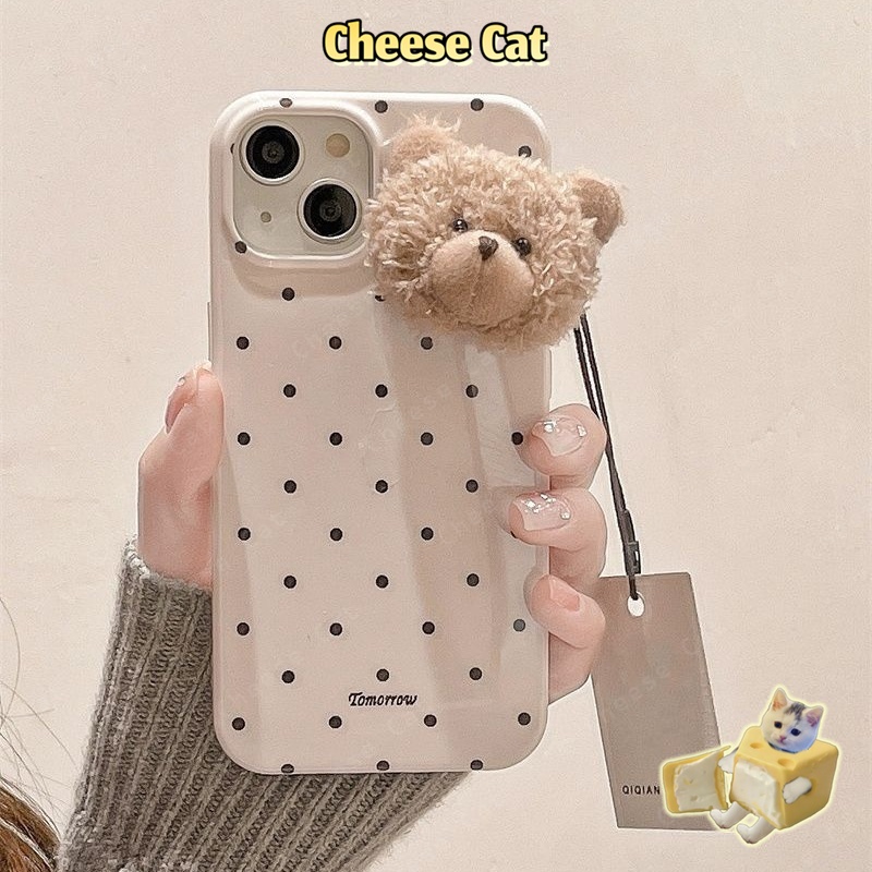 ins Ốp điện thoại da gấu lông thỏ 3D chấm đen cho iPhone 11 12 14 13 15 16 17 Pro Max Plus 17 Air 7 8 Plus Xs Max XR