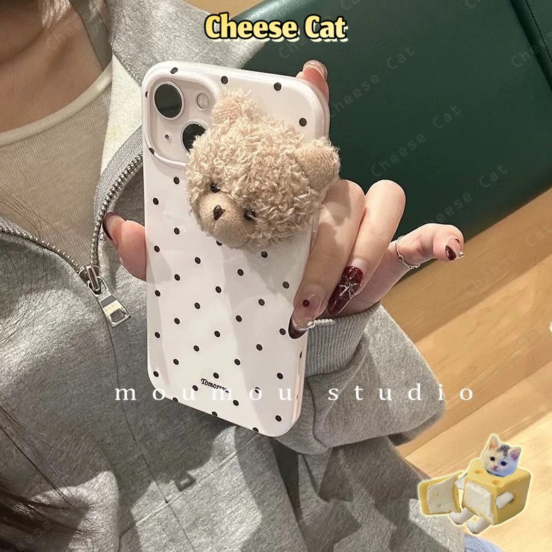 ins Ốp điện thoại da gấu lông thỏ 3D chấm đen cho iPhone 11 12 14 13 15 16 17 Pro Max Plus 17 Air 7 8 Plus Xs Max XR