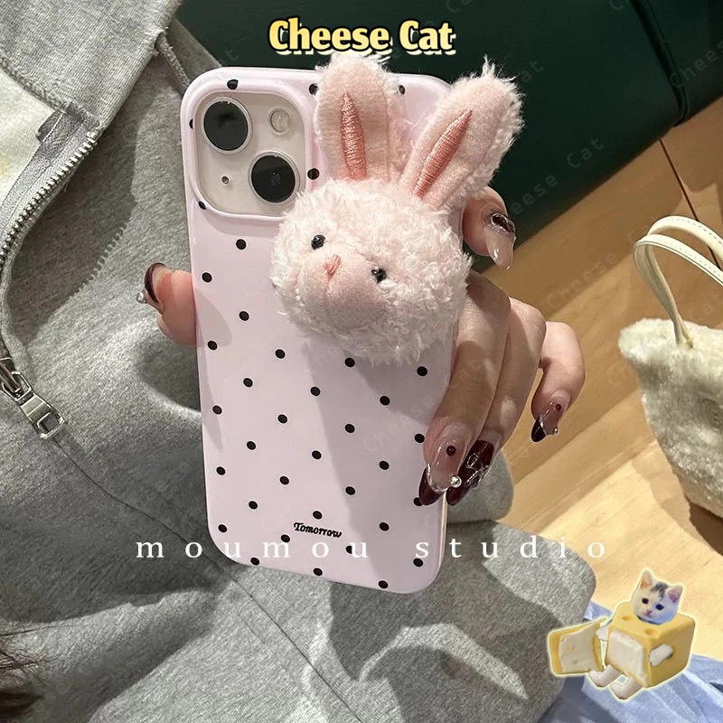 ins Ốp điện thoại da gấu lông thỏ 3D chấm đen cho iPhone 11 12 14 13 15 16 17 Pro Max Plus 17 Air 7 8 Plus Xs Max XR