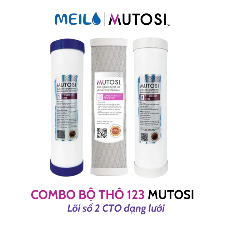 Combo Lõi Lọc Thô 123 Mutosi Lõi 2 CTO Lưới Dạng Than Nén Giúp Loại Bỏ Các Tạp Chất Cặn Bẩn Và Chất Gây Mùi