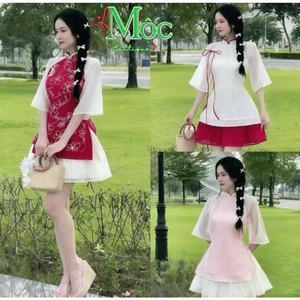 Đầm váy ngắn, hán phục Tết áo Voan thêu hoa 2 lớp đính nơ kèm chân váy Voan Tơ ngắn xếp ly 2 lớp