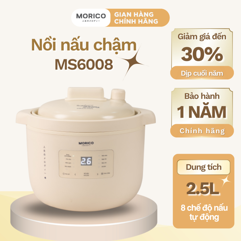 Nồi Nấu Chậm MORICO MS6008 – Giữ Ấm, Hẹn Giờ, 8 Chế Độ Tự Động, Gốm Ceramic An Toàn Sức Khỏe