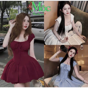 MK_Đầm váy ngắn, đầm Đũi mặc hè cổ vuông tay ôm buộc dây nơ bo chun sau chiết eo tùng bồng
