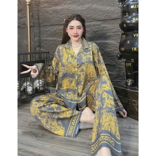 Đồ Bộ Pijama có hai size từ  (45-75 kg) Lụa Latin Tơ Tằm Sọc Xanh Xám,Loang Vàng Xám xinh xắn dễ thương