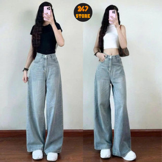 Quần Jeans Nữ Ống Rộng Cạp Cao 247Store Màu Wash Thời Trang Dễ Phối Đồ Đi Học Đi Làm Đi Chơi