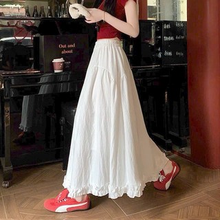 Chân Váy Midi Dài Dáng Xòe Gấu Nhún Bèo Vải Đũi Xốp Lưng Chun Phong Cách Vintage - Cakecat