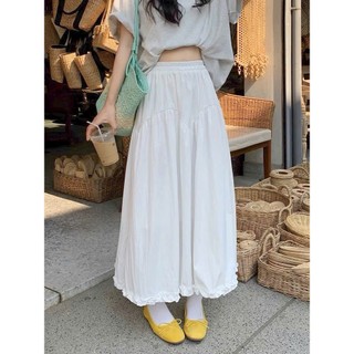 Chân Váy Midi Dài Dáng Xòe Gấu Nhún Bèo Vải Đũi Xốp Lưng Chun Phong Cách Vintage - Cakecat