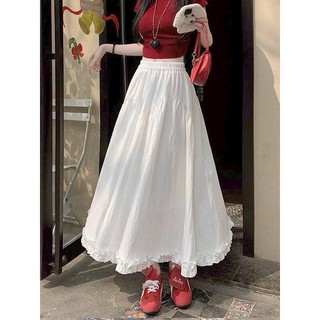 Chân Váy Midi Dài Dáng Xòe Gấu Nhún Bèo Vải Đũi Xốp Lưng Chun Phong Cách Vintage - Cakecat