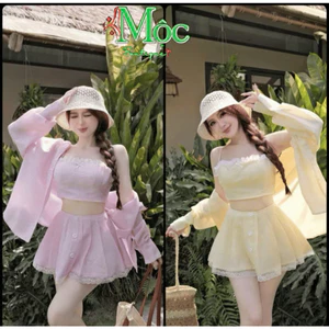 QC_Set bộ 3 món, set Kate Lụa phối Ren áo trong hai dây kèm chân váy ngắn phối áo khoác sơ mi