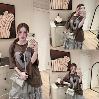 LOU BAE| Áo Thun Nữ Tay Lửng Chất Cotton In Gấu Tim Form Thụng