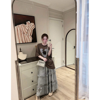 LOU BAE| Áo Thun Nữ Tay Lửng Chất Cotton In Gấu Tim Form Thụng