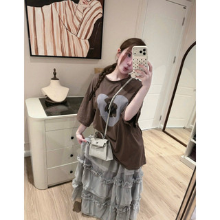 LOU BAE| Áo Thun Nữ Tay Lửng Chất Cotton In Gấu Tim Form Thụng
