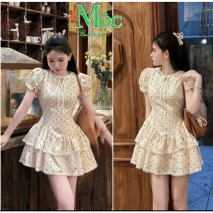 Đầm váy ngắn, đầm tiểu thư, đầm đi tiệc tay búp mini cổ V thắt nơ xinh chấm bi phối Ren kèm quần