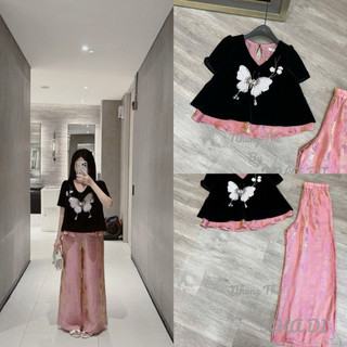 Sét áo nhung the cộc tay lót lụa khâu bướm + quần xuông lụa (có bán lẻ áo)