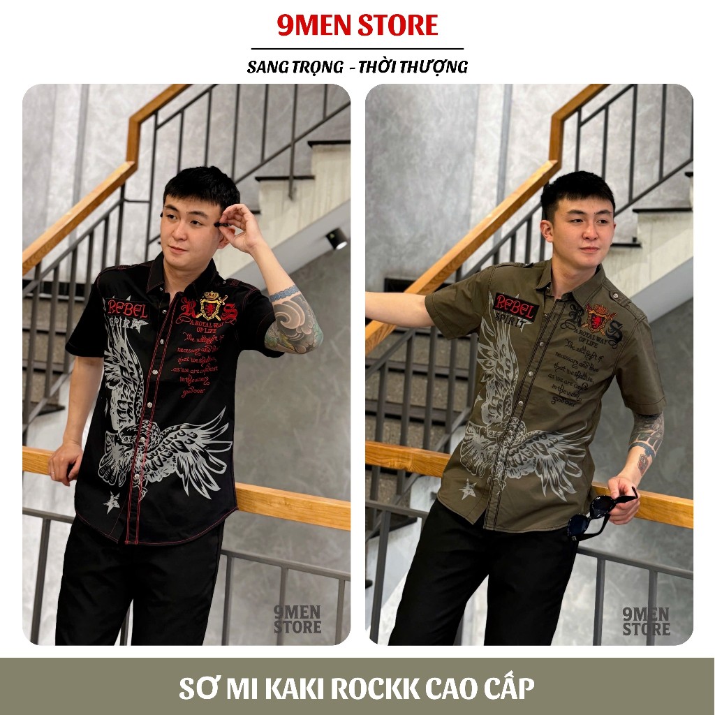 Sơ Mi Rock Classic Cao Cấp Thêu Họa Tiết Đại Bàng Chỉ Đỏ,Vải Kaki Tôn Dáng, Cúc Kim Loại Đẳng Cấp 70