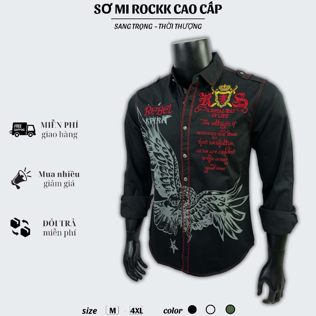 Sơ Mi Rock Classic Cao Cấp Thêu Họa Tiết Đại Bàng Chỉ Đỏ,Vải Kaki Tôn Dáng, Cúc Kim Loại Đẳng Cấp 70