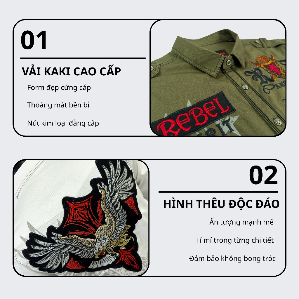 Sơ Mi Rock Classic Cao Cấp Thêu Họa Tiết Đại Bàng Chỉ Đỏ,Vải Kaki Tôn Dáng, Cúc Kim Loại Đẳng Cấp 70