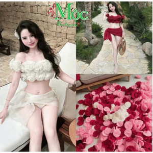 QC_ Set bộ 3 món, bikini, set đi biển Bông Kết áo Voan tơ phối quần lót kèm khăn quấn