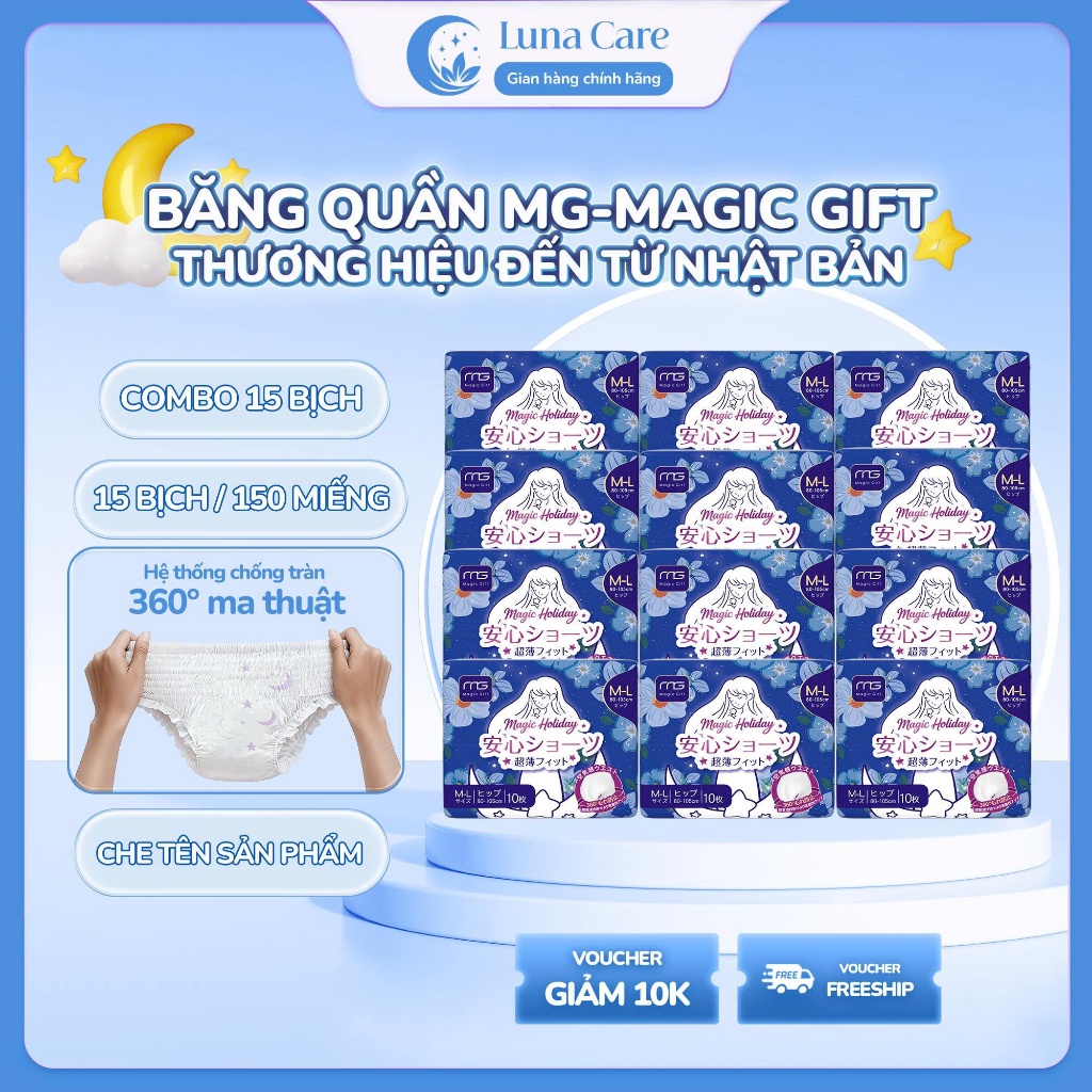 [15 BỊCH 150 MIẾNG GIÁ ƯU ĐÃI] BVS Băng Vệ Sinh Quần Mg Magic Mặt Bông Mềm Mại Thấm Hút Tốt Size M-L/XL-XXL