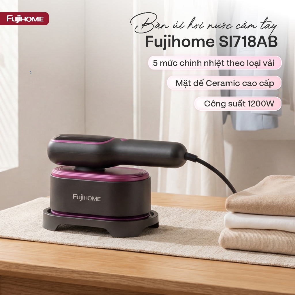 Bàn là hơi nước du lịch gọn nhẹ Nhập Khẩu FUJIHOME SI718AB, máy ủi quần áo an toàn mọi loại vải