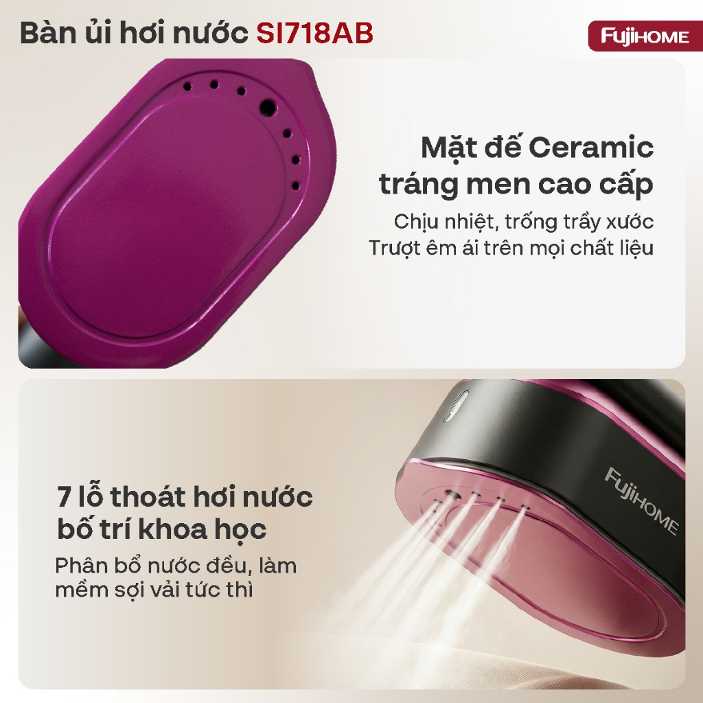 Bàn là hơi nước du lịch gọn nhẹ Nhập Khẩu FUJIHOME SI718AB, máy ủi quần áo an toàn mọi loại vải