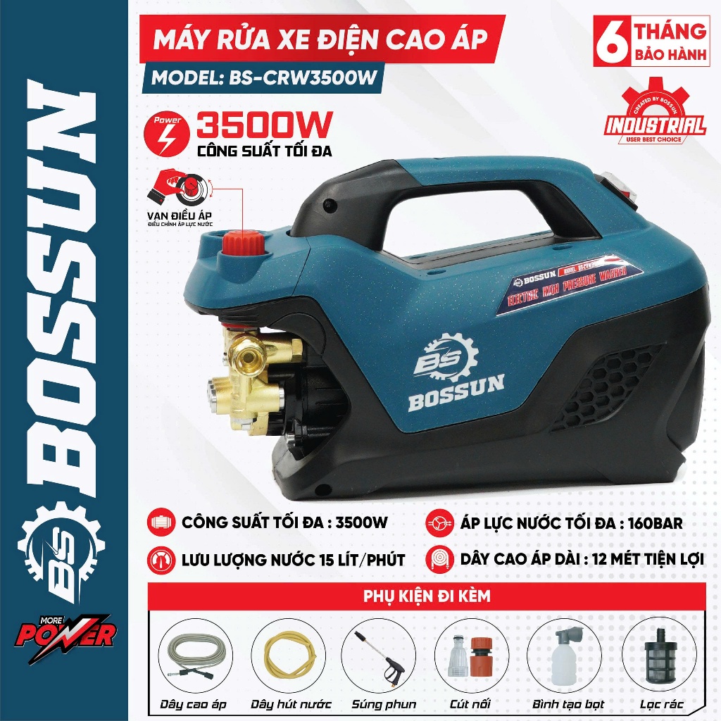Máy Rửa Xe Áp Lực Cao BOSSUN BS-CRW3500W–Công Suất 3500W, Có Chỉnh Áp, Full Phụ Kiện